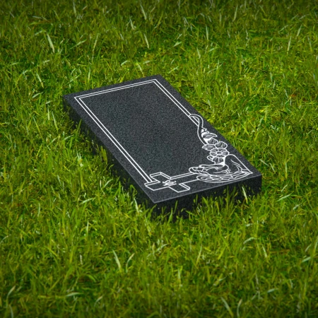 1643 - Angel & Cross Flat Granite Grave Marker with Floral Engraving