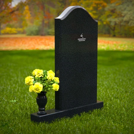 Elegant single granite headstones with curved top and flower vase.