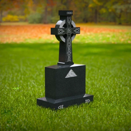 1573 - Celtic Cross Black Granite Headstone with Intricate Engravings
