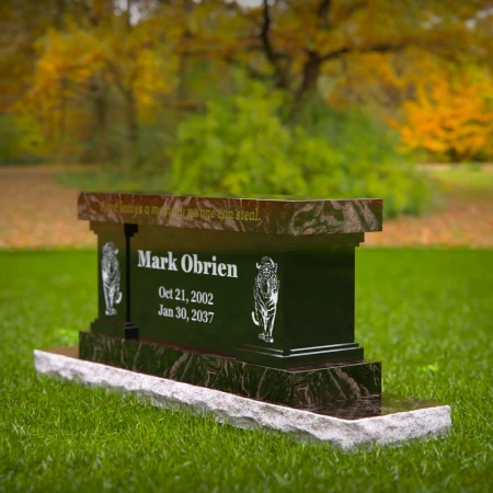 1989 - Bold Memorial Bench Headstone with Tiger Engraving and Elegant Inscription