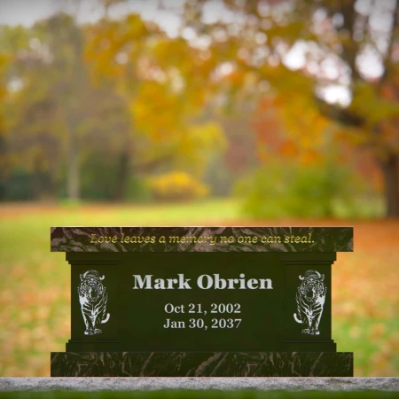 1989 - Bold Memorial Bench Headstone with Tiger Engraving and Elegant Inscription