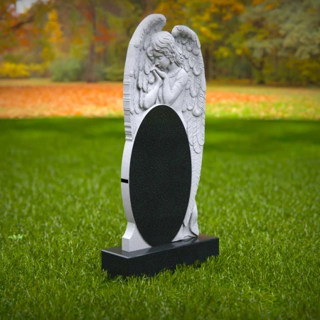 1861 - Angel Memorial Headstone with Carved Praying Figure and Oval Inscription Panel