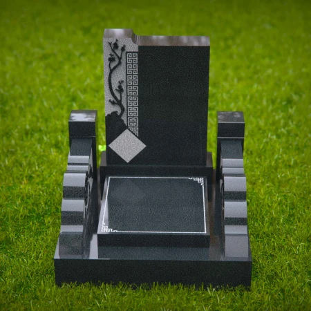 1563 - Modern Black Granite Headstone with Asian-Inspired Engraving