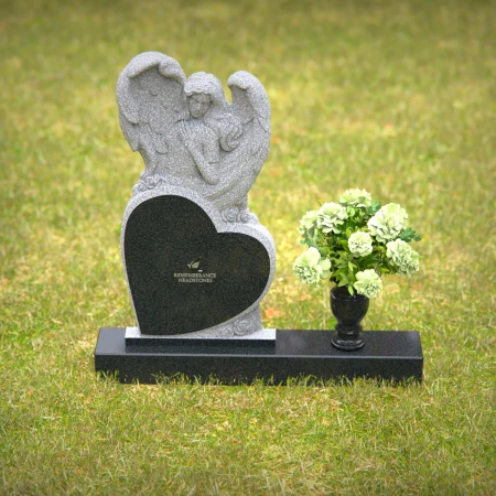 Black granite heart-shaped angel headstone for memorials