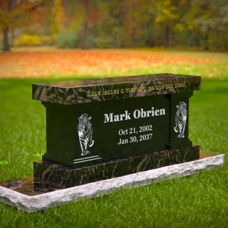 1989 - Bold Memorial Bench Headstone with Tiger Engraving and Elegant Inscription
