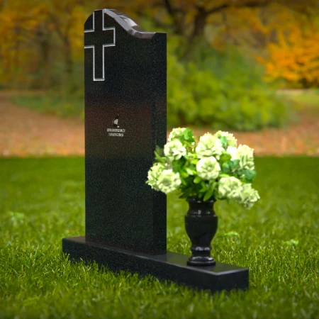 Granite headstones featuring a cross design and flower vase.
