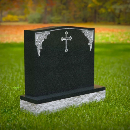 1590 - Traditioneller schwarzer Granit-Grabstein mit graviertem Kreuz & Blumenecken