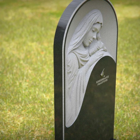 headstone, tombstone, bronze grave markers, grave ornaments, polished black granite headstone with engraved Jesus Christ figure, elegant black granite memorial stone featuring a religious depiction.
