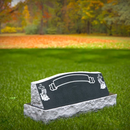 1814 - Low Companion Headstone with Banner, Cross, and Praying Hands Design