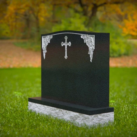 1590 - Traditioneller schwarzer Granit-Grabstein mit graviertem Kreuz & Blumenecken
