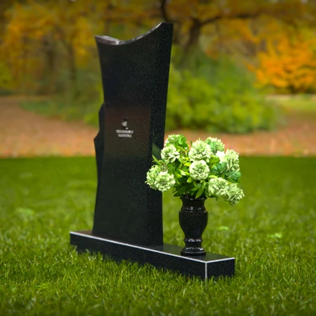 Contemporary headstones featuring a flowing design and floral vase.