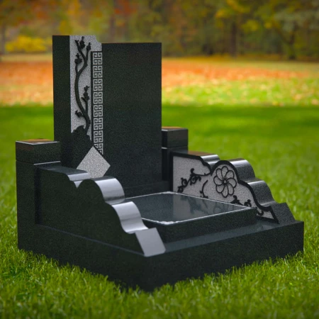 1563 - Modern Black Granite Headstone with Asian-Inspired Engraving
