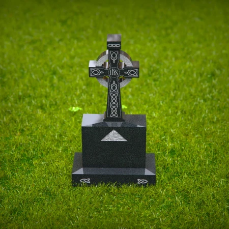 1573 - Celtic Cross Black Granite Headstone with Intricate Engravings