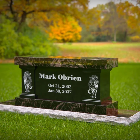 1989 - Bold Memorial Bench Headstone with Tiger Engraving and Elegant Inscription