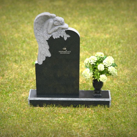 Serene angel black granite headstone with flower vase — perfect memorial tribute.